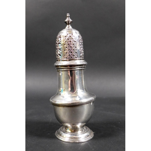 64 - Two George II silver sugar castors, both of baluster form with engraved decoration to the pierced co... 