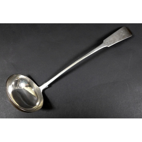 65 - A Scottish George III silver ladle, fiddle pattern, terminal engraved with initials 'LC', maker rubb... 