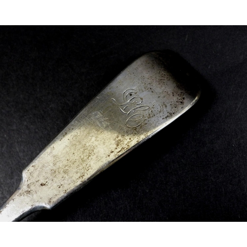 65 - A Scottish George III silver ladle, fiddle pattern, terminal engraved with initials 'LC', maker rubb... 