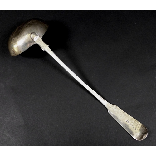 65 - A Scottish George III silver ladle, fiddle pattern, terminal engraved with initials 'LC', maker rubb... 