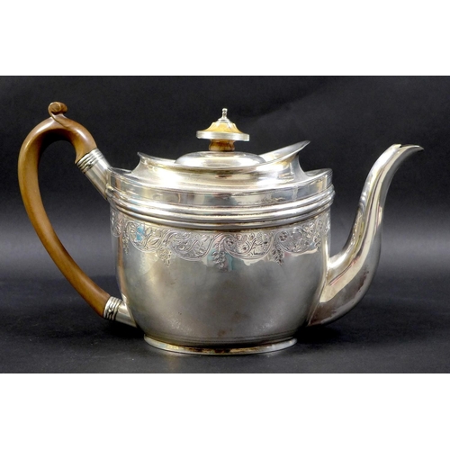 71 - A George III silver teapot, with bright cut engraving, ivory finial and fruitwood handle, Solomon Ho... 