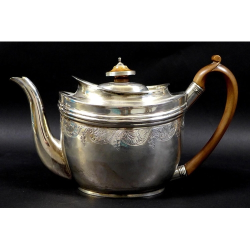 71 - A George III silver teapot, with bright cut engraving, ivory finial and fruitwood handle, Solomon Ho... 