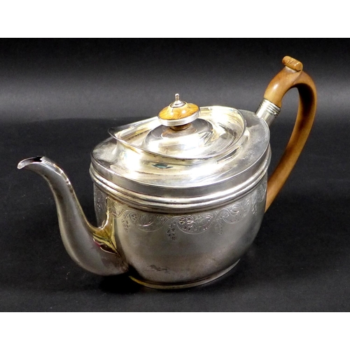 71 - A George III silver teapot, with bright cut engraving, ivory finial and fruitwood handle, Solomon Ho... 