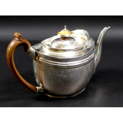 71 - A George III silver teapot, with bright cut engraving, ivory finial and fruitwood handle, Solomon Ho... 