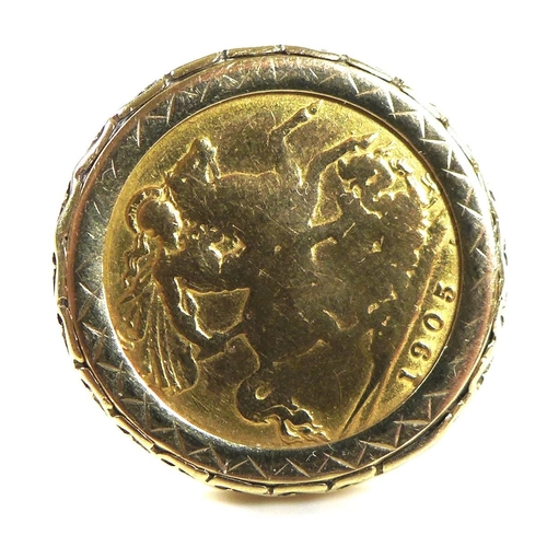 85 - An Edward VII half sovereign,1905, mounted within a 9ct gold ring, with pierced decoration, size S/T... 