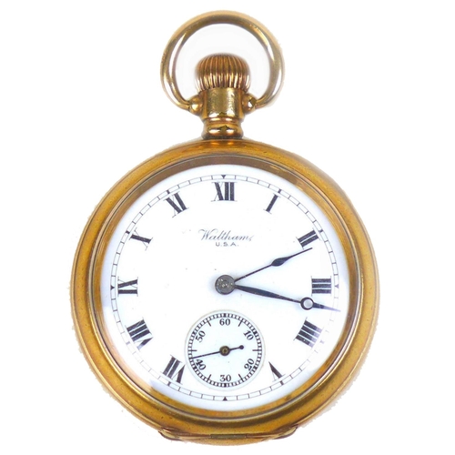 95 - A gold plated Waltham pocket watch, keyless wind, with Roman numerals and subsidiary dial, Dennison ... 