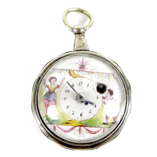 96 - An early 19th century Continental white metal verge fusee pocket watch, open faced, key wind, white ... 