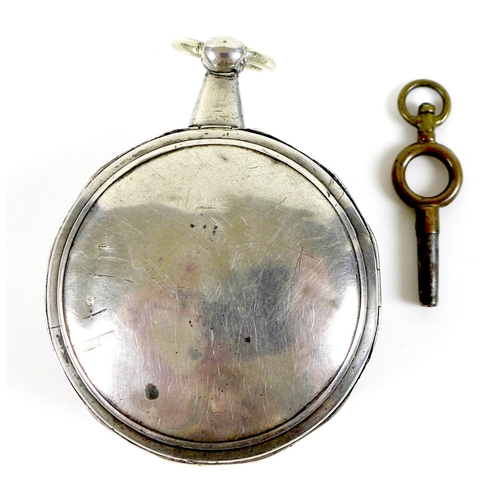 96 - An early 19th century Continental white metal verge fusee pocket watch, open faced, key wind, white ... 