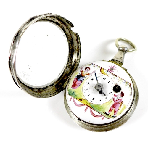 96 - An early 19th century Continental white metal verge fusee pocket watch, open faced, key wind, white ... 