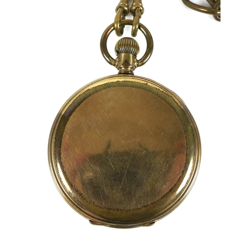 98 - An American Elgin gold plated half hunter pocket watch, keyless wind, the white enamel dial with bla... 