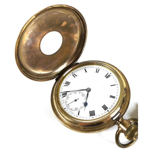 98 - An American Elgin gold plated half hunter pocket watch, keyless wind, the white enamel dial with bla... 