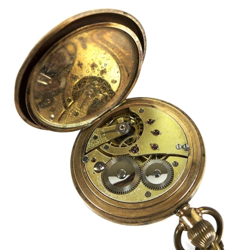 98 - An American Elgin gold plated half hunter pocket watch, keyless wind, the white enamel dial with bla... 