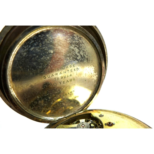 98 - An American Elgin gold plated half hunter pocket watch, keyless wind, the white enamel dial with bla... 