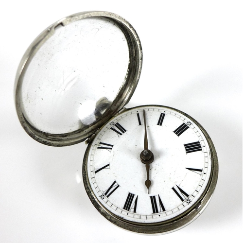 99 - A George IV silver pair cased pocket watch, with fusee verge escapement, the white enamelled dial wi... 