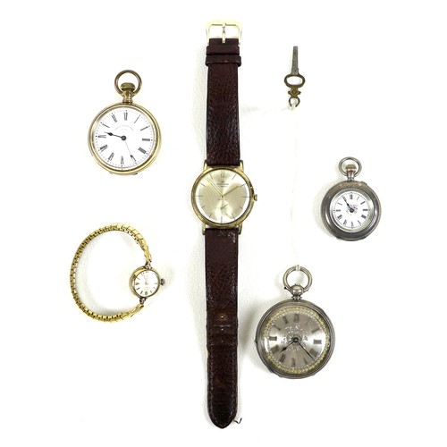 115 - A group of three pocket watches and two wristwatches, comprising an American Waltham gold plated ope... 