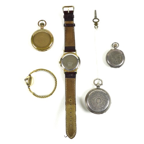 115 - A group of three pocket watches and two wristwatches, comprising an American Waltham gold plated ope... 