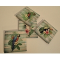 Set of 4 ceramic coasters with exotic bird and flower designs. 4 rubber cushion pads on bottom. Stor... 