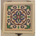 Storage box with Islamic design tile on the lid. Painted black inside, and designer stressed paint o... 