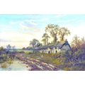Walter Wallor Caffyn (British, 1845-1898): Sunset landscape with cottages, oil on canvas, signed 'W.... 