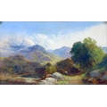 British School (19th century): mountainous landscape scene, depicting a woman driving cattle by a ri... 