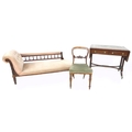 An Edwardian chaise longue, upholstered in salmon pink, back a/f loose, 172 by 64 by 70cm high toget... 