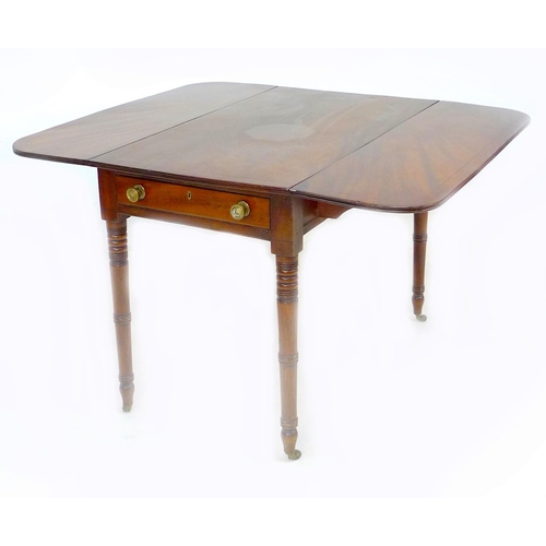 222 - A Regency mahogany side table, drop leaves, with single frieze drawer, raised on turned legs and bra... 