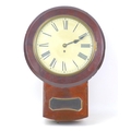 A late Victorian mahogany cased drop dial wall clock with fusee movement, Roman Numeral enamel dial,... 