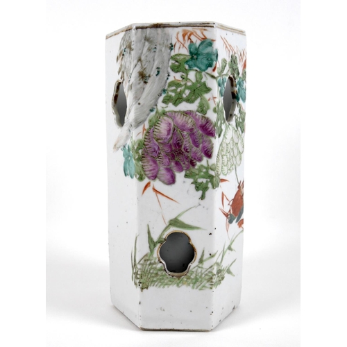 3 - A Chinese Republic porcelain vase, of hexagonal section with reticulated sides, decorated with flowe... 