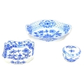 Three pieces of 20th century Meissen Onion pattern porcelain, comprising a an oval form twin handled... 