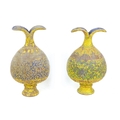Two late 19th century Eastern papier mache vases, of bulb form, with flared petal like rims, one wit... 