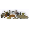 A collection of assorted metal wares, including a Chinese bronzed medal photograph frame mount, with... 