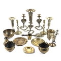 A large collection of brasswares including three Indian brass niello cobra candlesticks, each 14cm h... 