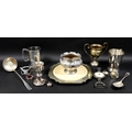 A collection of Victorian and later silver plated items including a square plated salver with inset ... 