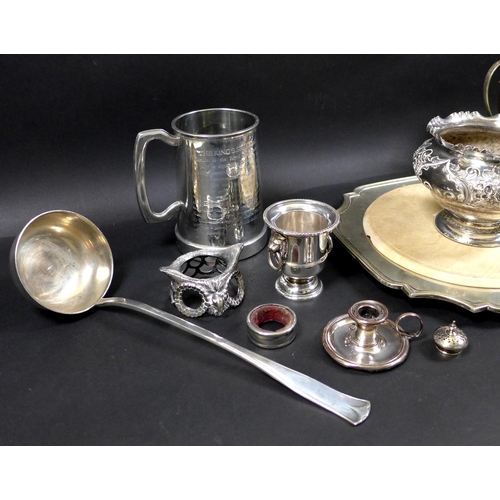 94 - A collection of Victorian and later silver plated items including a square plated salver with inset ... 