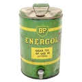 A vintage 'BP Energol Gear Oil' metal can, 'EP. SAE 90 (Hypoid)', with single handle to its top and ... 