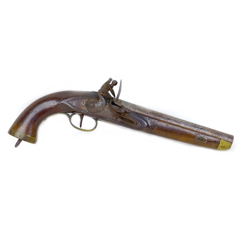 144 - An 18th century flintlock pistol, no visible maker's name, with walnut stock, white metal and brass ... 