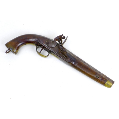 144 - An 18th century flintlock pistol, no visible maker's name, with walnut stock, white metal and brass ... 