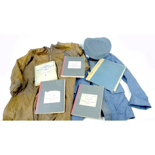 149 - A collection of WWII RAF engineering exercise books and uniform belonging to Donald Elliott, togethe... 