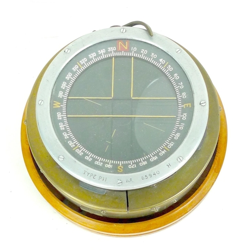 154 - A Type PII Aircraft compass possibly for Hurricane or Spitfire, with broad arrow markings to brass c... 