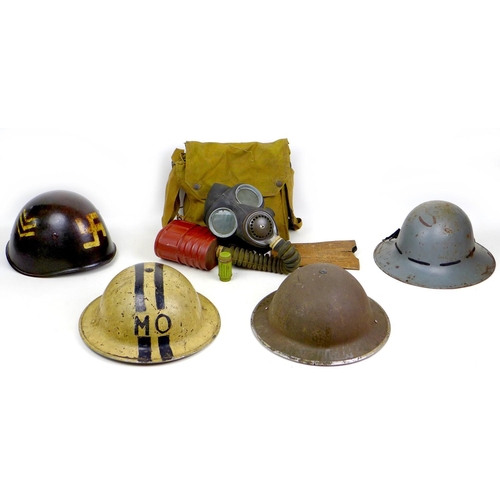 158 - Four WWII, including a WWII British Army Brodie steel helmet, stamped 'VERO 1940' to its internal li... 