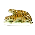 A modern ceramic sculpture, modelled as two tigers on a naturalistic base, moulded model number to b... 