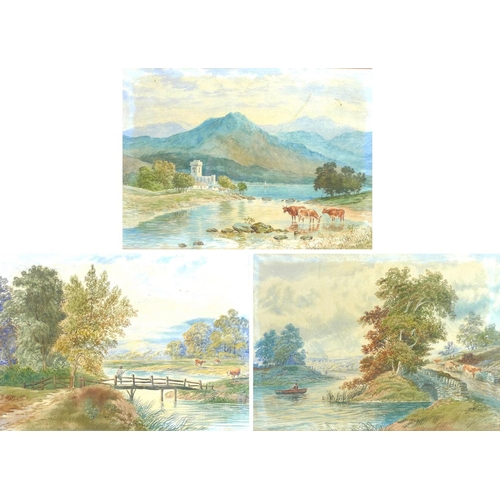 185 - George Villairs (British, late 19th century): three landscape views, one with highland cattle and mo... 