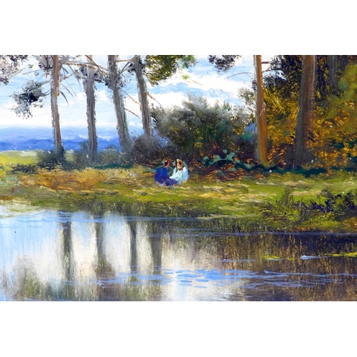 188 - C. Winter (British, 19th century): a country landscape with two figures by a pond and trees, signed ... 