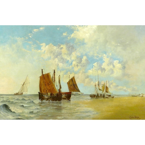 190 - Edwin Henry Eugene Fletcher (British, 1857-1945): sailing boats by a beach, signed lower right, oil ... 