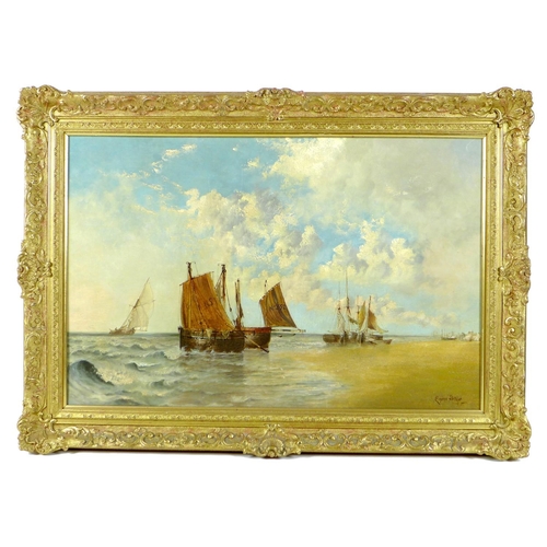 190 - Edwin Henry Eugene Fletcher (British, 1857-1945): sailing boats by a beach, signed lower right, oil ... 