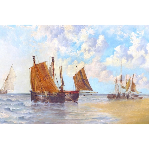 190 - Edwin Henry Eugene Fletcher (British, 1857-1945): sailing boats by a beach, signed lower right, oil ... 