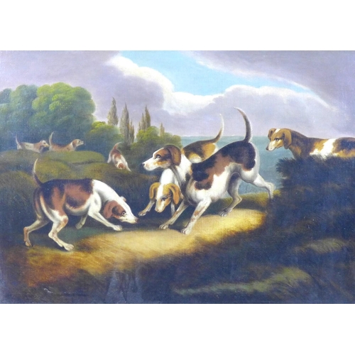 193 - British School (20th century): a Victorian style painting of seven hunting hounds, oil on canvas, un... 