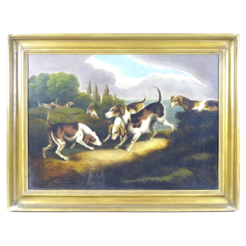 193 - British School (20th century): a Victorian style painting of seven hunting hounds, oil on canvas, un... 