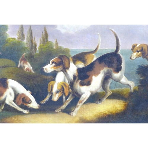 193 - British School (20th century): a Victorian style painting of seven hunting hounds, oil on canvas, un... 