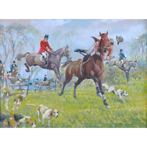 200 - Kenneth Wynn (British, 1922-2009): 'Jumping a Fence', a hunting scene, with one huntsman falling fro... 